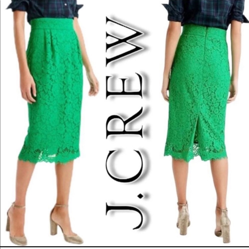JCrew Kelly Green High Waisted Lace Pencil Skirt.